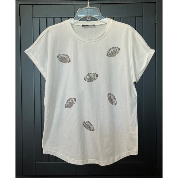 Football T-Shirt Womens Large White Rhinestones Sparkle Bling Game Day Tee Chic - Picture 1 of 6